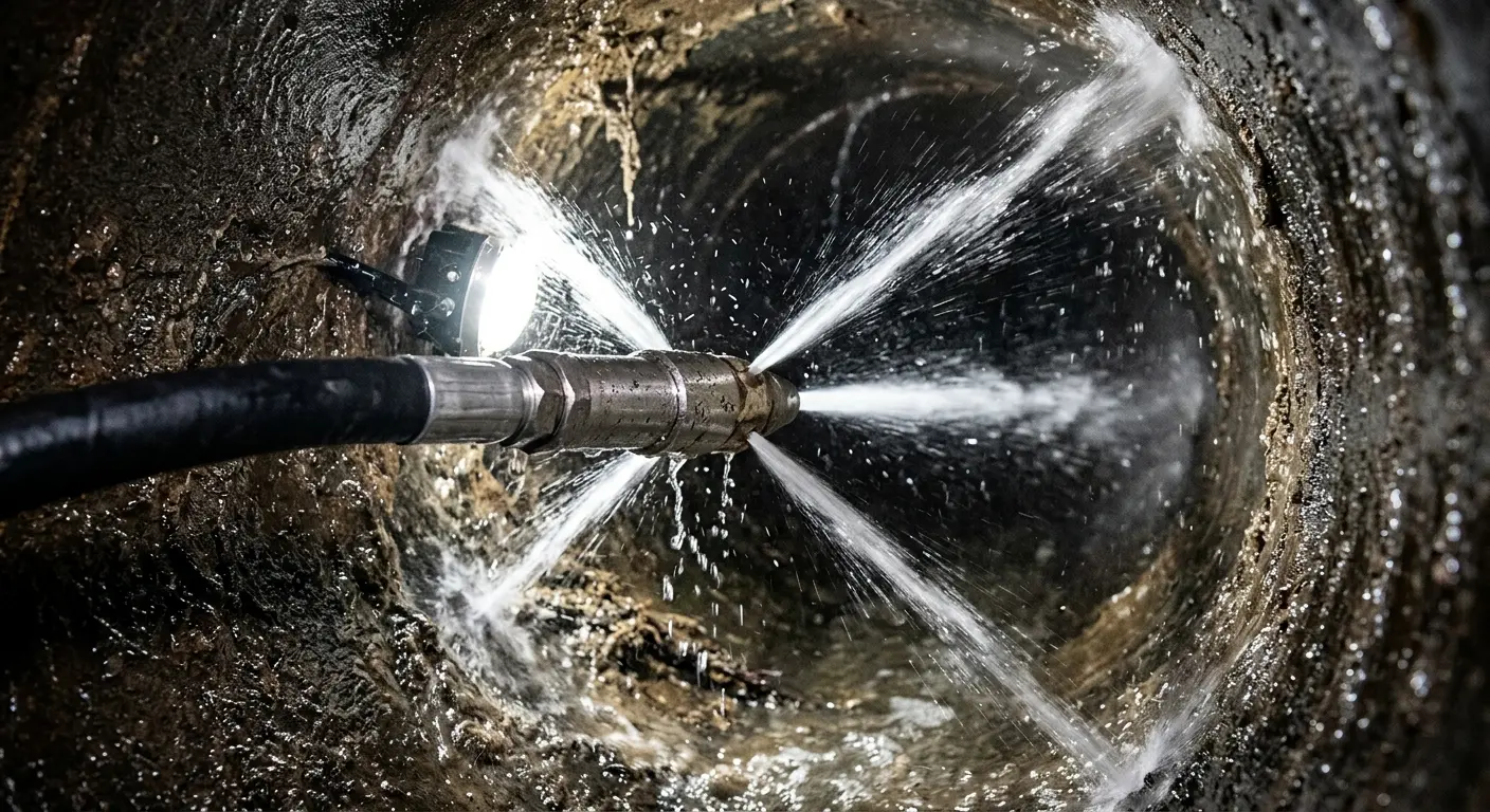 High-pressure hydro jetting nozzle cleaning sewer pipe for Emergency Drain Service in Queensbury