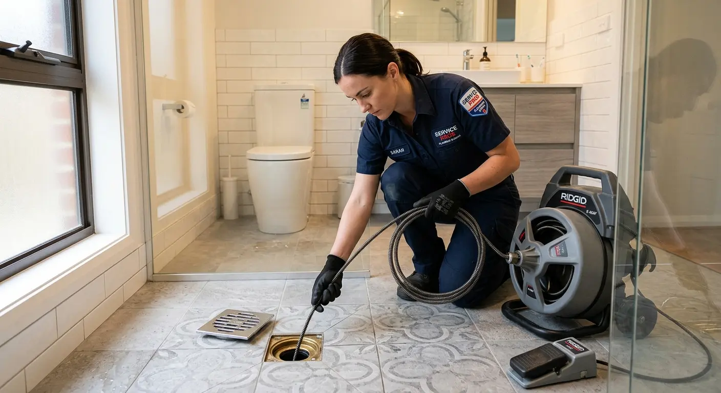 Technician clearing a bathroom floor drain for Drain Repair in Queensbury